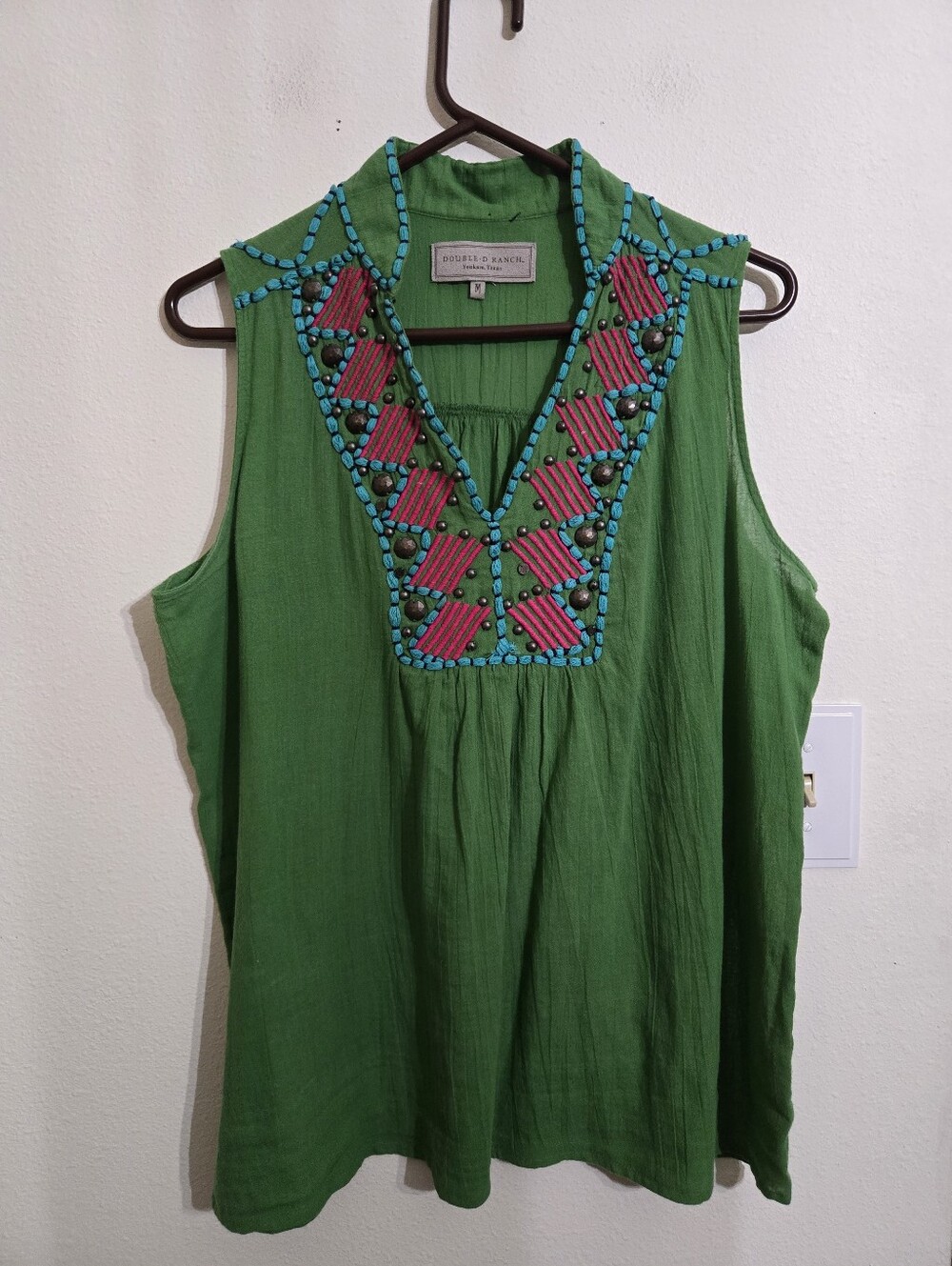 Green Sleeveless Embroidered V-Neck Top